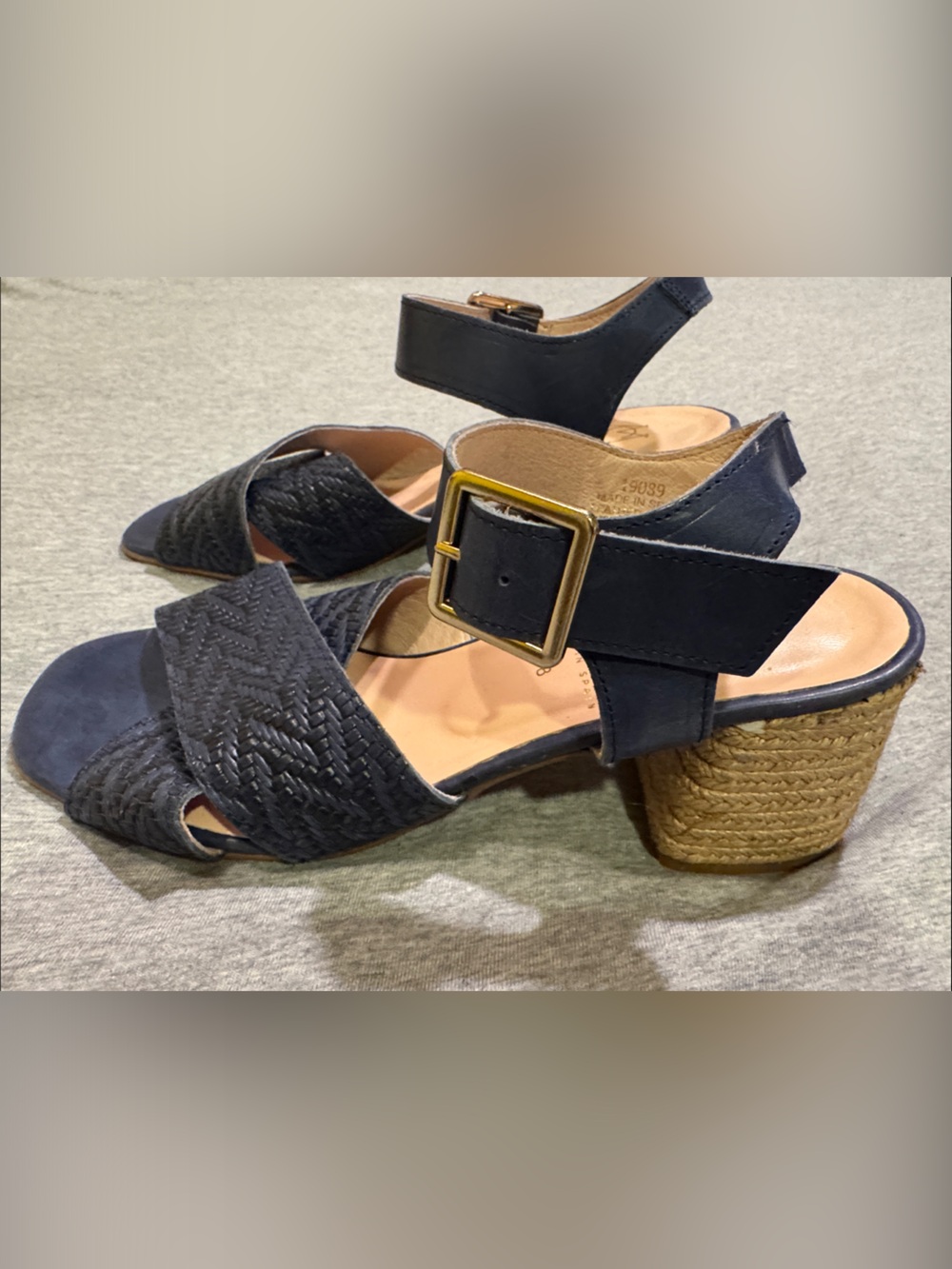 Marroqui Sanchez Navy Braided Espadrille Block Heel Sandals with Gold Buckle